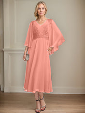 A-line V-Neck Tea-Length Chiffon Lace Mother of the Bride Dress With Beading Sequins