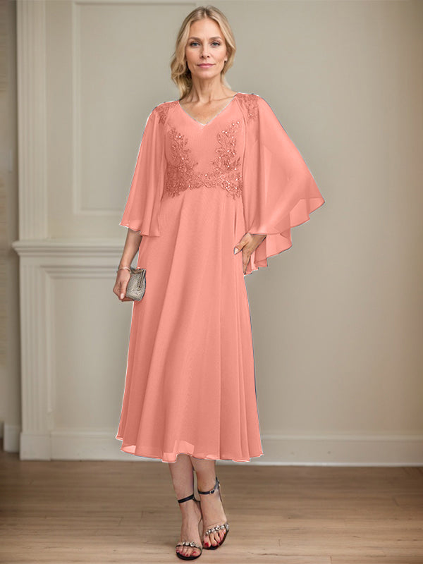 A-line V-Neck Tea-Length Chiffon Lace Mother of the Bride Dress With Beading Sequins