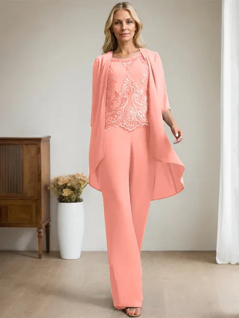 Pantsuit Scoop Floor-Length Chiffon Lace Mother of the Bride Dress With Beading Sequins