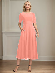 A-line Scoop Tea-Length Chiffon Mother of the Bride Dress With Appliques Lace Sequins