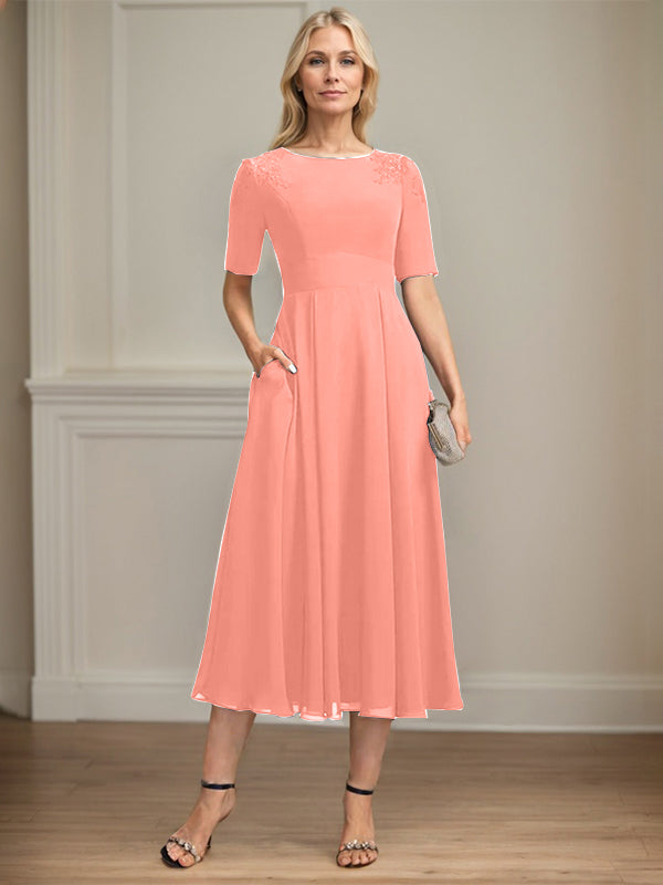 A-line Scoop Tea-Length Chiffon Mother of the Bride Dress With Appliques Lace Sequins