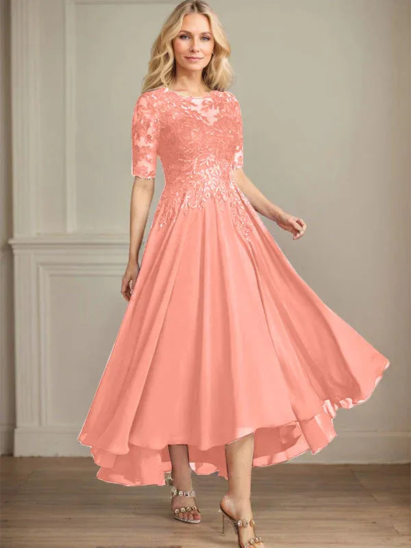 Robe de mère de la mariée asymétrique en mousseline de soie et dentelle, coupe trapèze, décolleté en V, illusion, avec paillettes 