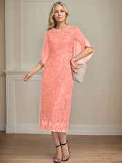Sheath/Column Scoop Tea-Length Lace Chiffon Mother of the Bride Dress