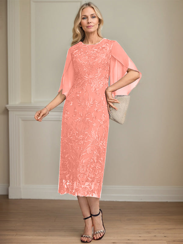 Column Scoop Tea-Length Lace Chiffon Mother of the Bride Dress