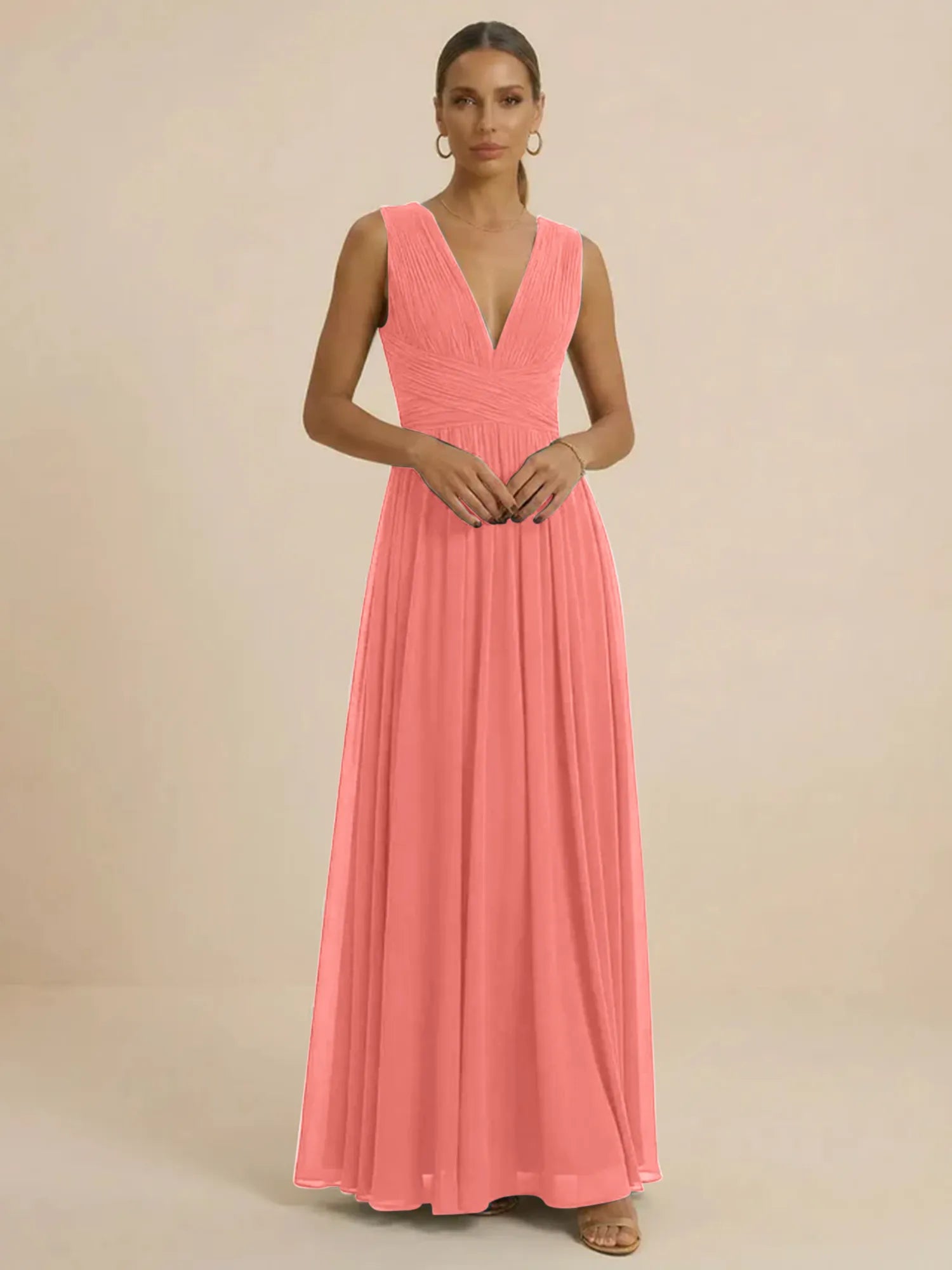 Teal Pleated V-Neck Chiffon Evening Gown with Ruched