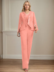 Separates Jumpsuit/Pantsuit V-Neck Floor-Length Chiffon Mother of the Bride Dress