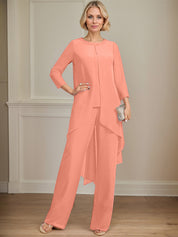 Separates Jumpsuit/Pantsuit Scoop Floor-Length Chiffon Mother of the Bride Dress With Sequins Beading