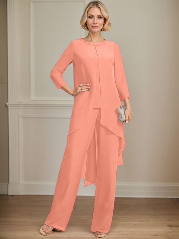 Separates Jumpsuit/Pantsuit Scoop Floor-Length Chiffon Mother of the Bride Dress With Sequins Beading