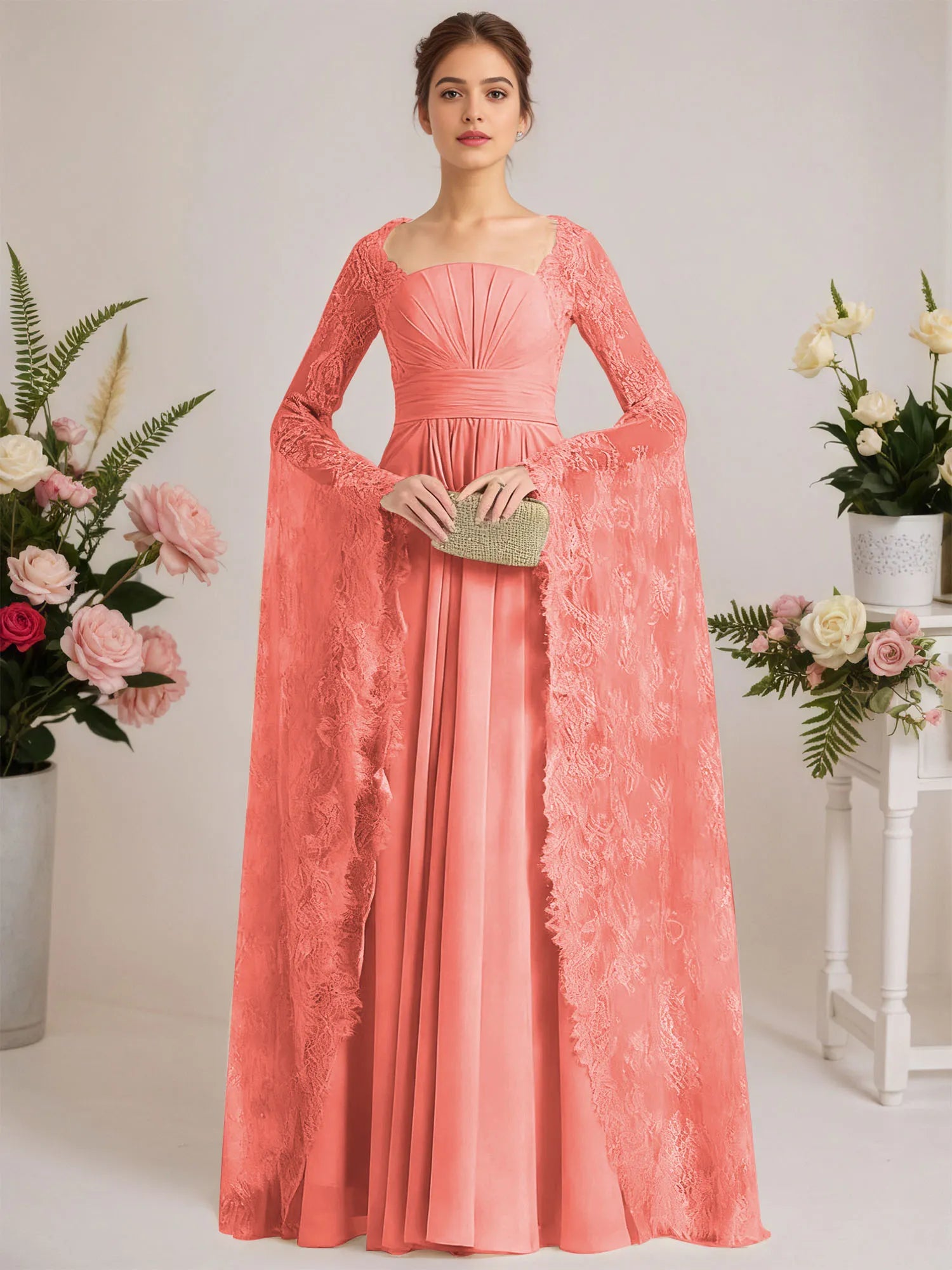 A-line Square Floor-Length Chiffon Lace Evening Dress With Beading Pleated