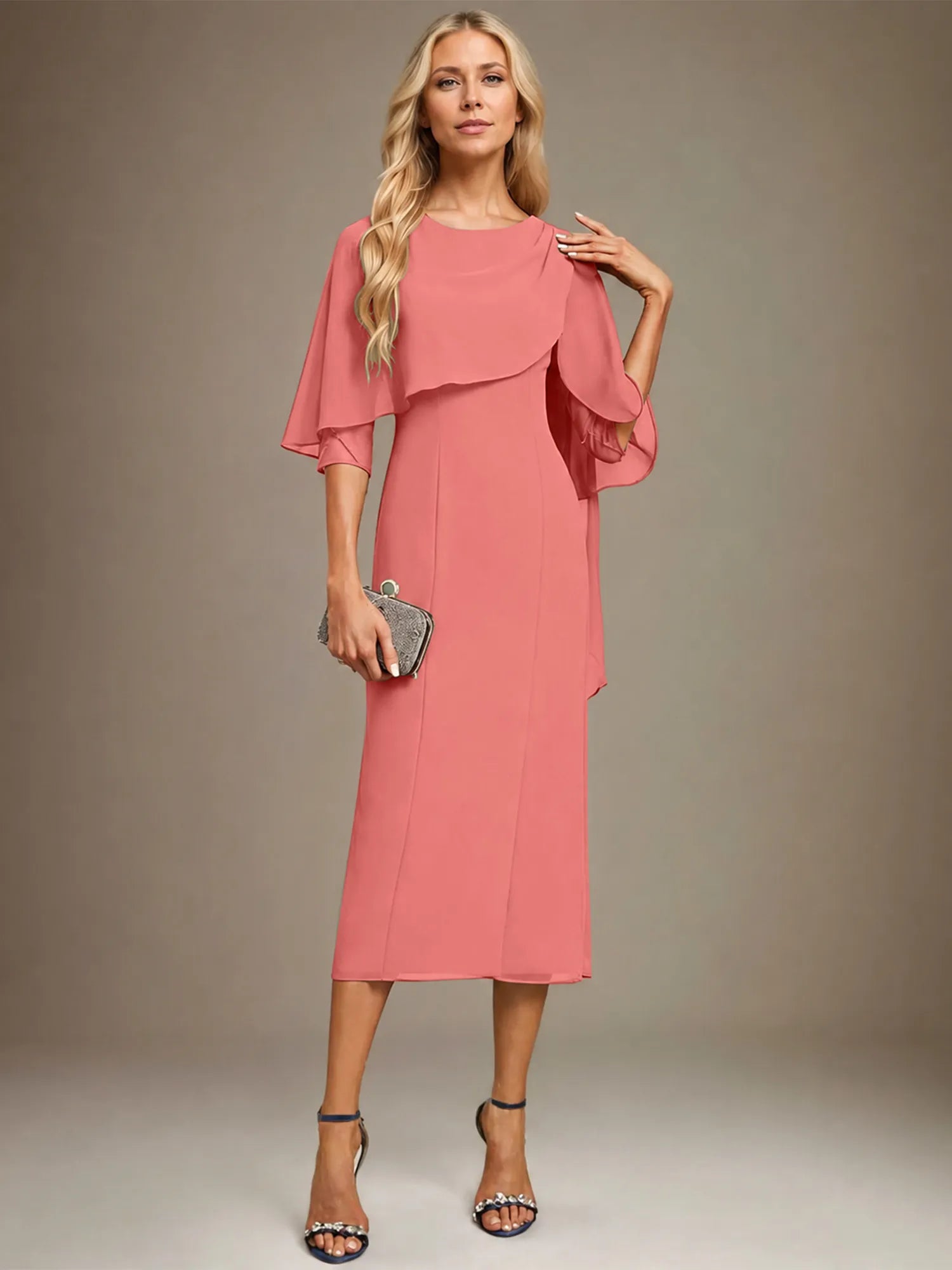 Sheath/Column Scoop Tea Length Chiffon Dress With Pleated Beading