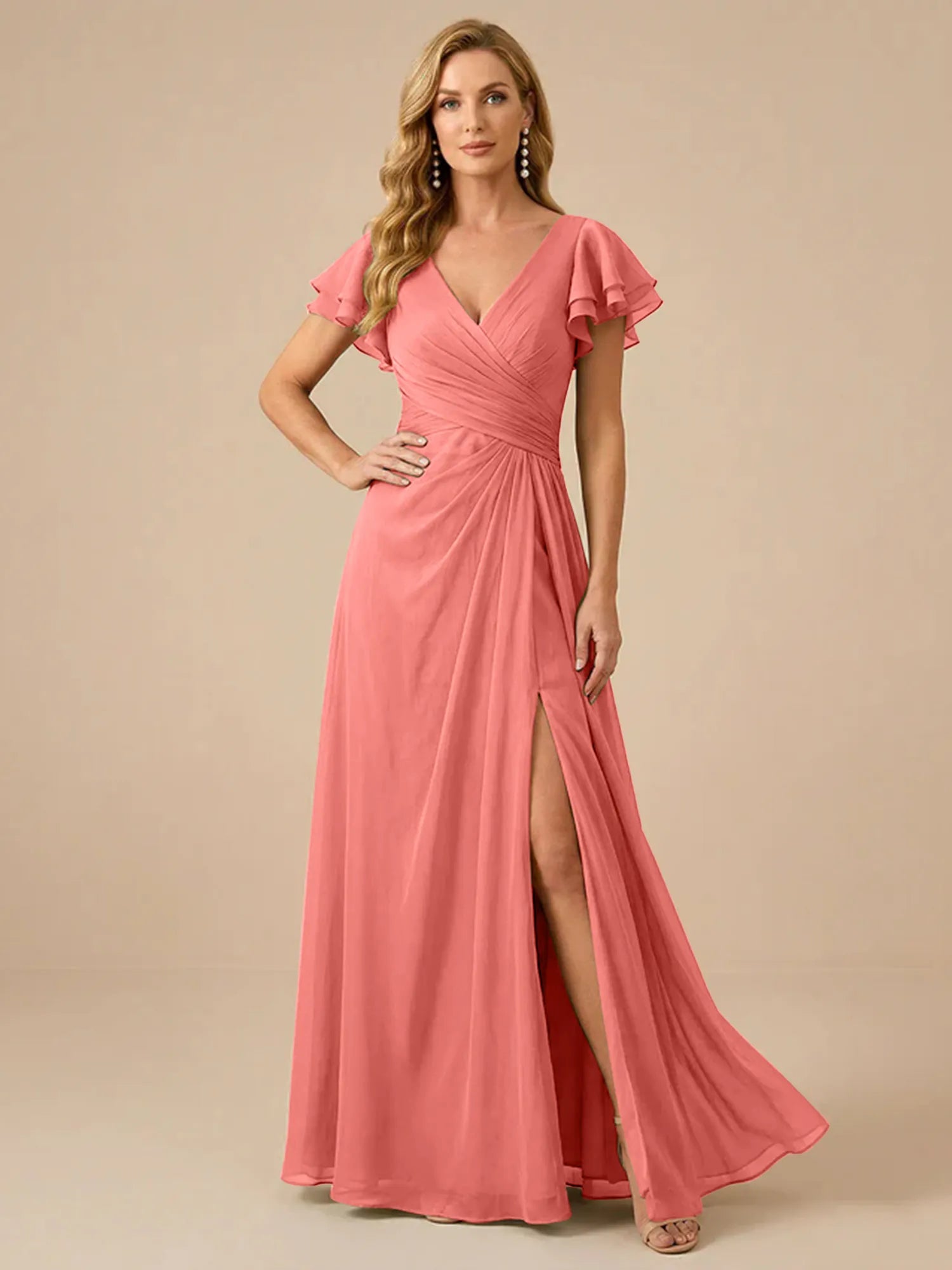 Sage Green V-Neck High-Slit Pleated Chiffon Dress