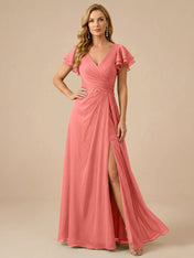 Sage Green V-Neck High-Slit Pleated Chiffon Dress