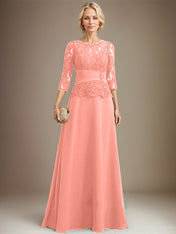 A-line Scoop Illusion Floor-Length Chiffon Lace Mother of the Bride Dress With Pleated Sequins Beading