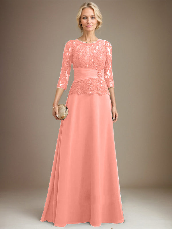 A-line Scoop Illusion Floor-Length Chiffon Lace Mother of the Bride Dress With Pleated Sequins Beading