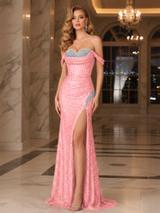 Dark Red Crystal Off-the-Shoulder Corset Prom Dress with Slit