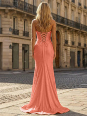 Yellow Beaded Halter Corset Prom Dress with High Slit