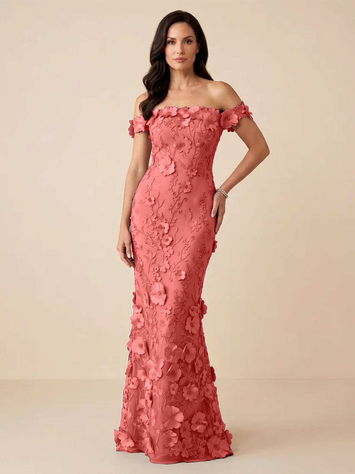 Black Off-the-Shoulder 3D Floral Mermaid Formal Gown Evening Dress