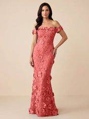 Black Off-the-Shoulder 3D Floral Mermaid Formal Gown Evening Dress