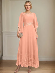 A-line Scoop Illusion Ankle-Length Lace Chiffon Mother of the Bride Dress With Sequins