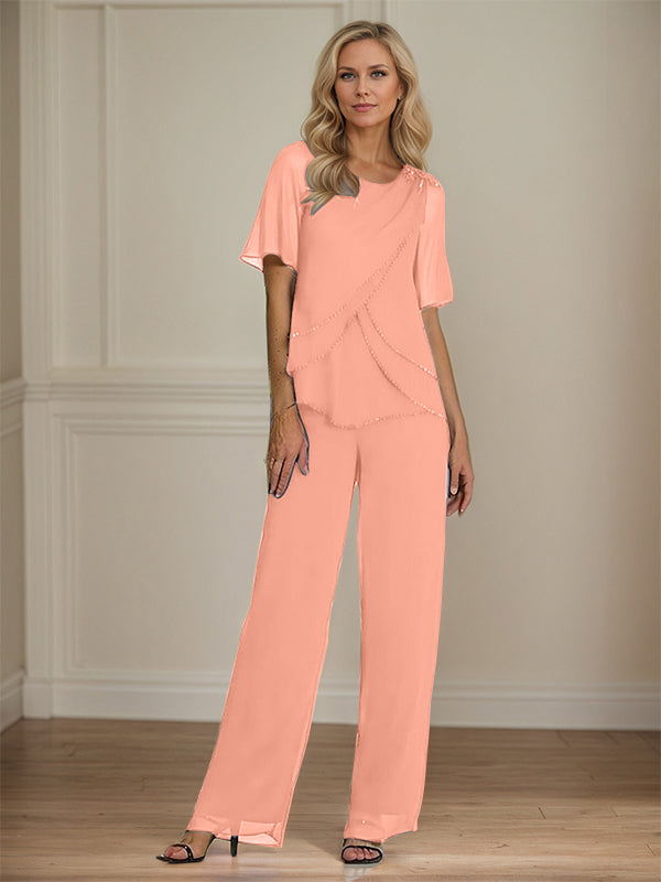  Pantsuit Crew Neck Floor Length Chiffon Mother of the Bride Dress
