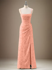 Black Sheath Spaghetti Straps Pleated Long Bridesmaid Dress with Slit