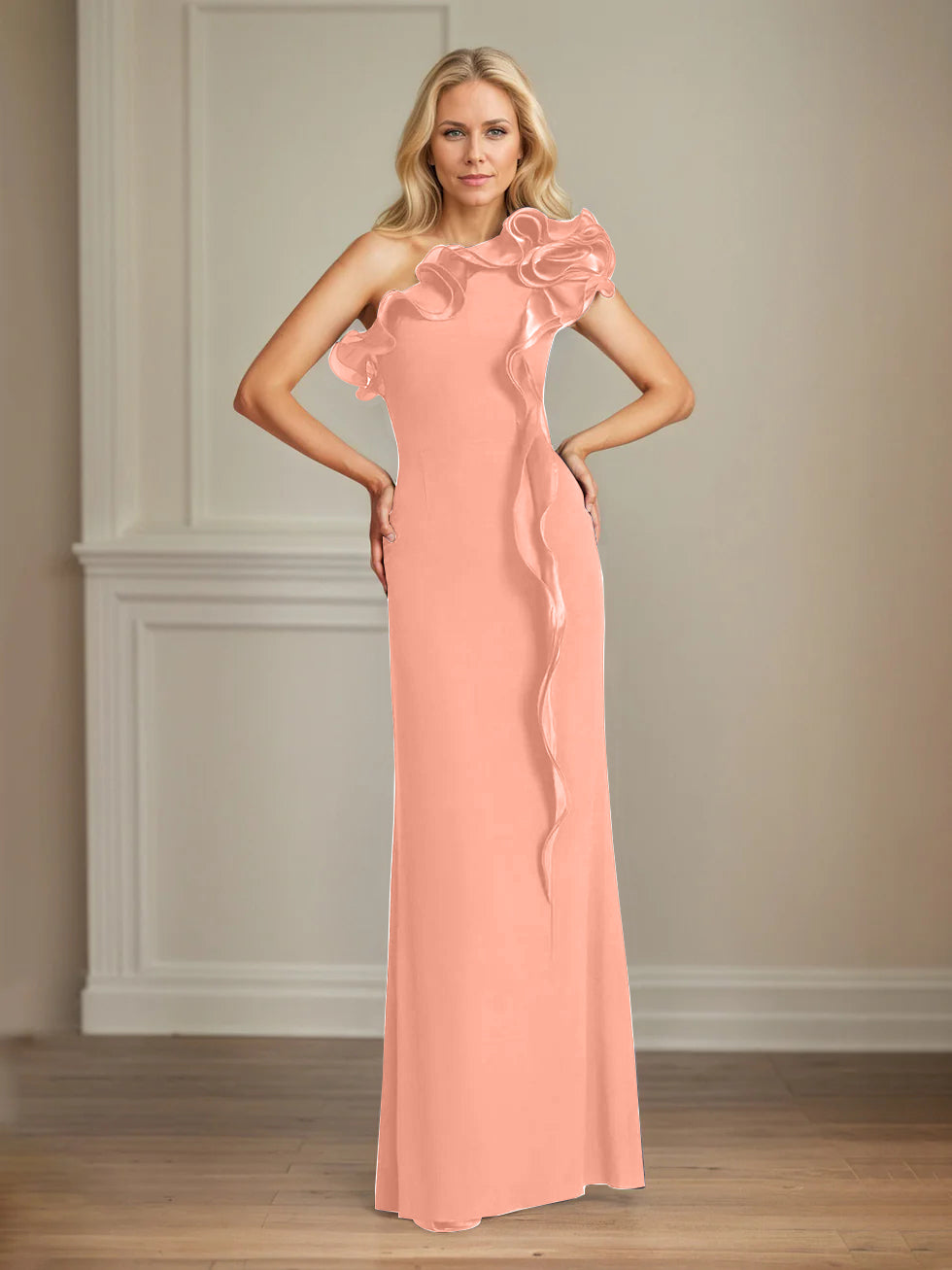 Column One Shoulder Floor Length Mother of the Bride Dresses With Ruffles