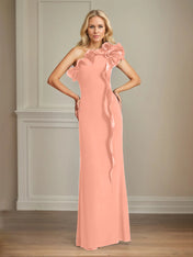 Navy Stretch Crepe Sheath/Column One Shoulder Floor Length Mother of the Bride Dresses With Ruffles