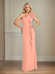 Navy Stretch Crepe Sheath/Column One Shoulder Floor Length Mother of the Bride Dresses With Ruffles