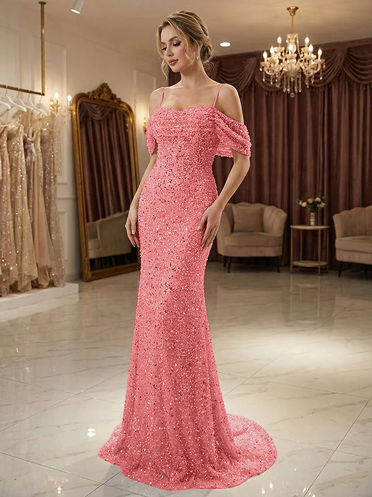 Sparkly Champagne Beaded Off-the-Shoulder Mermaid Long Prom Dress