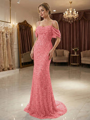 Sparkly Champagne Beaded Off-the-Shoulder Mermaid Long Prom Dress