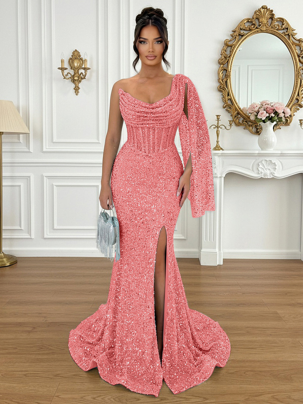 Glamorous Ice Blue One-Shoulder Sequin Corset Mermaid Prom Dresses with Slit