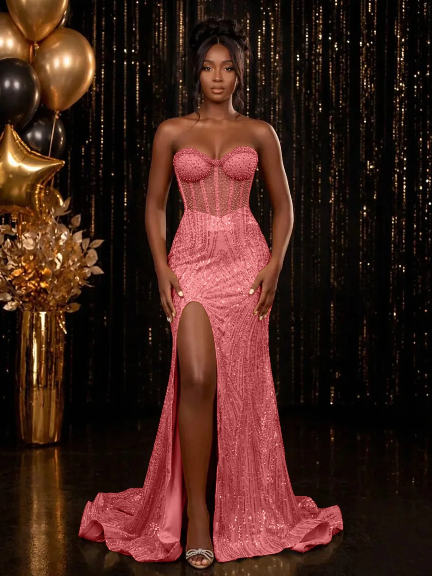 Strapless Sequin-Embellished Mermaid Prom Dress