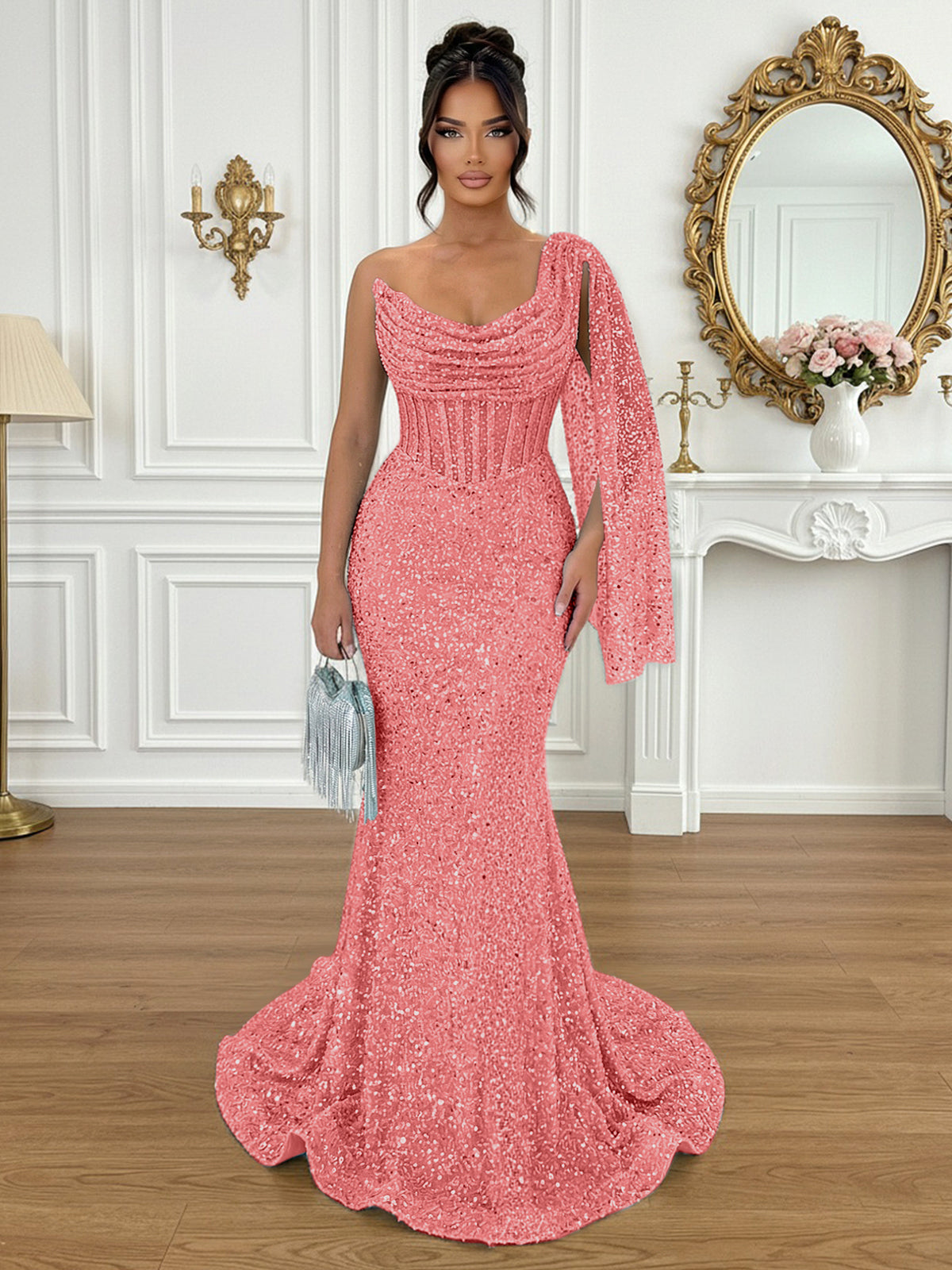 Glamorous Ice Blue One-Shoulder Sequin Corset Mermaid Prom Dresses