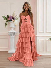 A Line Strapless Sweetheart Satin Prom Dress with Keyhole
