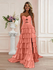 A Line Strapless Sweetheart Satin Prom Dress with Keyhole