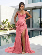 Gold Strapless Pearl-Embellished Corset Prom Dress with Slit