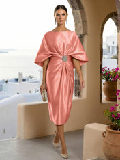 Half Sleeves Mermaid Satin Tea Length Long Evening Dresses with 3D Flower