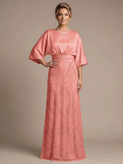 Bateau Neck Satin Evening Gown with 3/4 Batwing Sleeves Mother of The Bride Dresses