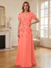 Short Sleeve Crew Neck A-Line Gown with 3D Floral Appliques Evening Dresses