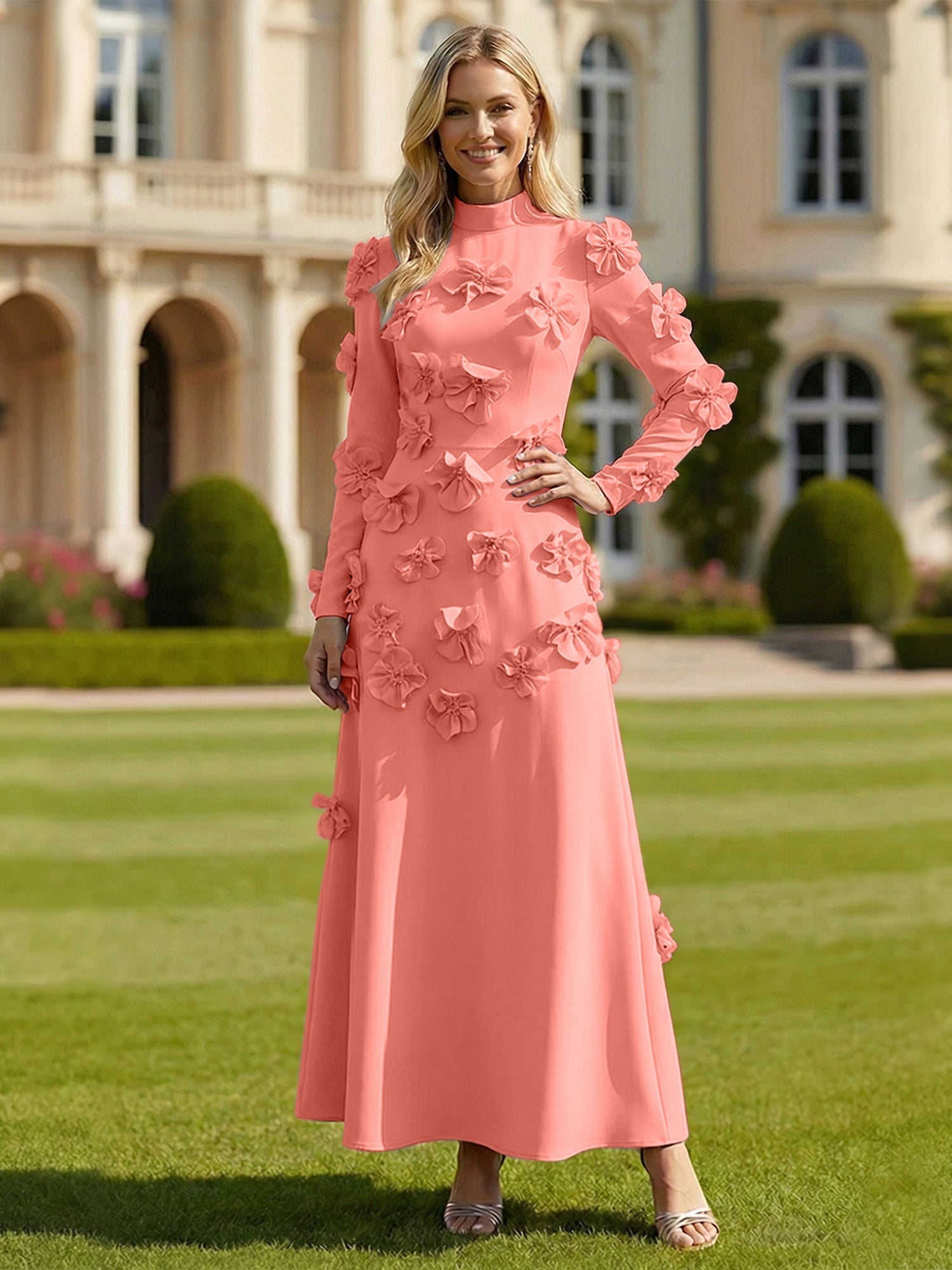 A Line High Neck Long Sleeves Stretch Crepe Dress With 3D Flowers