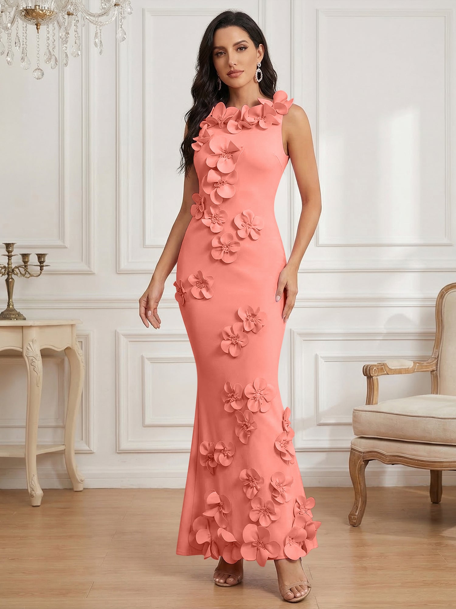 Romantic Pink Sleeveless 3D Floral Mermaid Gown