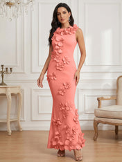 Romantic Pink Sleeveless 3D Floral Mermaid Gown