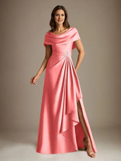 A-Line Scoop Floor-Length Stretch Satin Mother of the Bride Dress With Cascading Ruffles