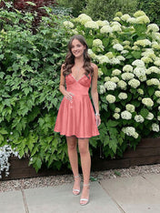 Blue A Line V-neck Beaded Back Tie Short Homecoming Mini Dress