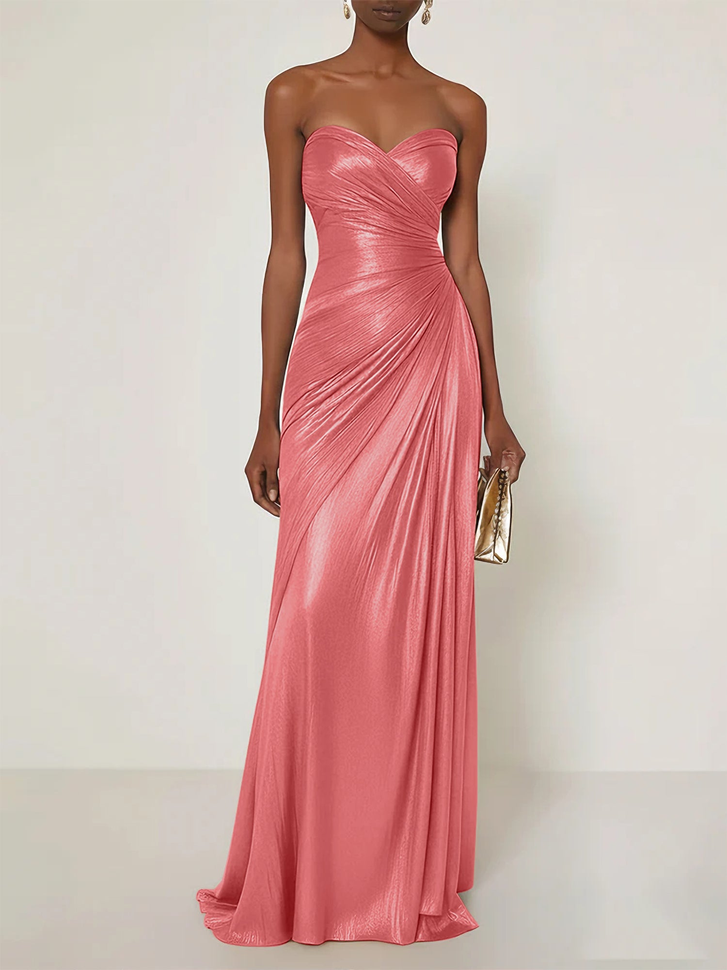 Evening Formal Dress V Neck Silver Silk Ruffles Strapless Maxi Dress