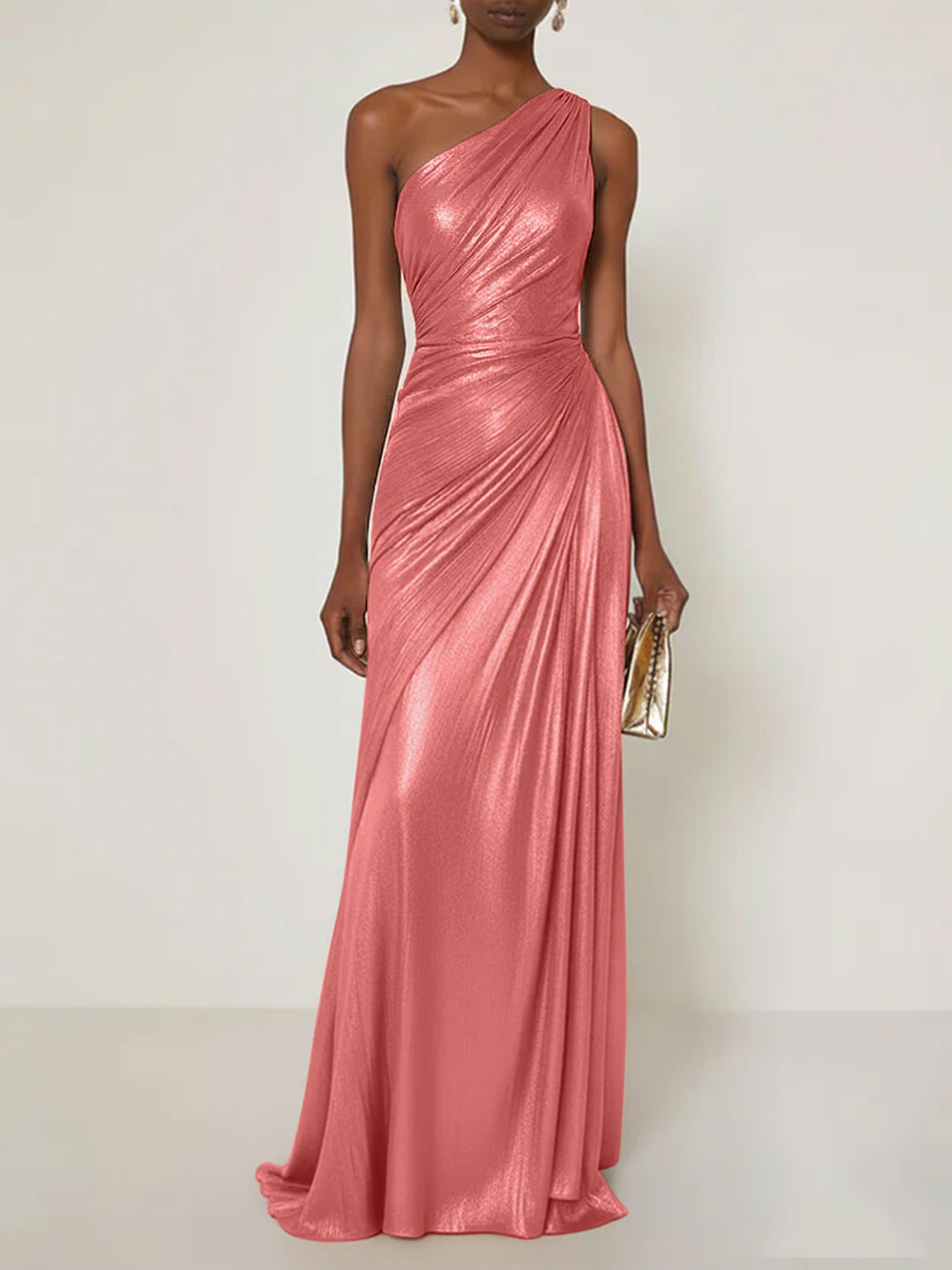 Evening Formal Dress One Shoulder Silk Ruffles Maxi Dress
