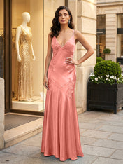 Green Appliques Soft Satin Long Prom Party Dress