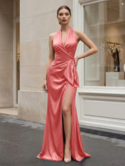 Navy Blue Halter V-Neck Satin Gown with Side Knot and High Slit Evening Dress