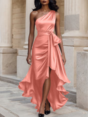 Glamorous Formal Dress Midnight Navy One Shoulder High-Low Satin Gown Midi Dress