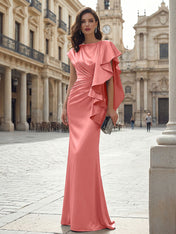 Elegant Formal Evening Dress Moonlight Silver Asymmetrical Ruffle Satin Gown